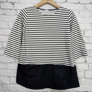 Persodea Womens Striped Top‎ L Black White Block Colorblock 3/4 Sleeve Pockets